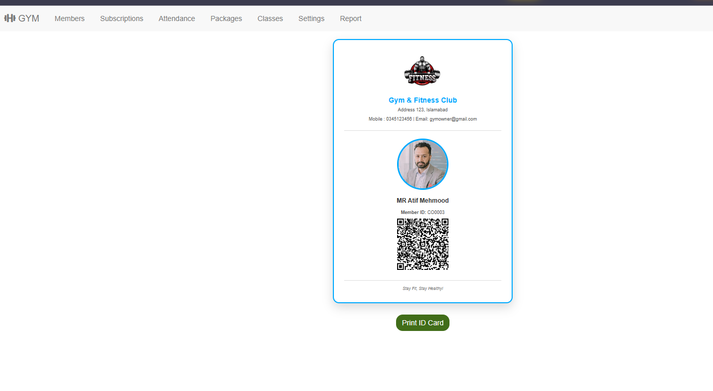 Printable gym member ID card with photo and QR